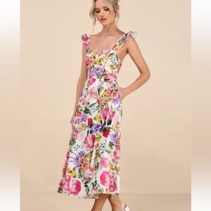 Lulus Melodie White Multi Floral Ruffled Midi Dress - Size S